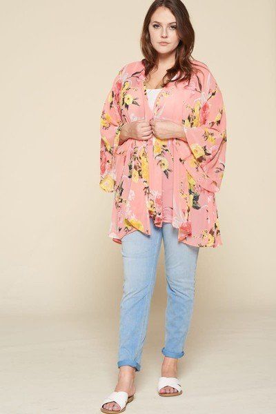Plus Size Floral Kimono With Dramatic Bell Sleeves