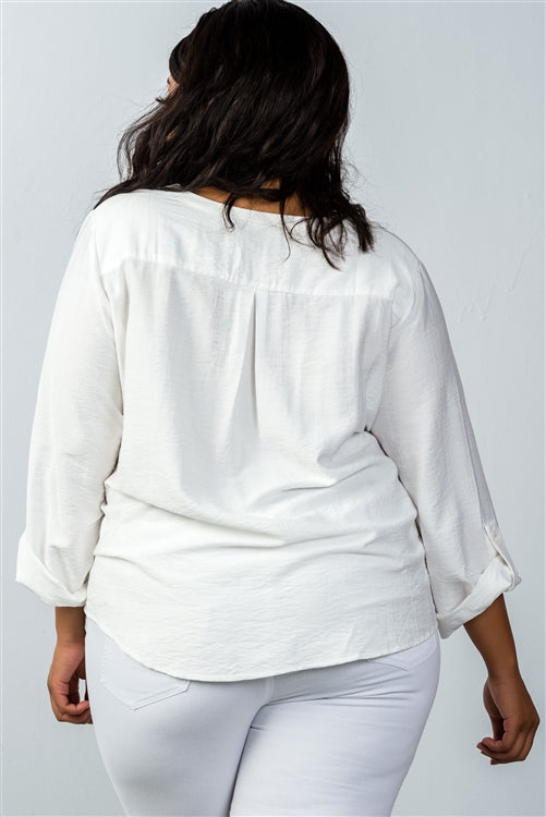 Plus Size Oatmeal Stand-up Collar Roll Up Sleeve Blouse