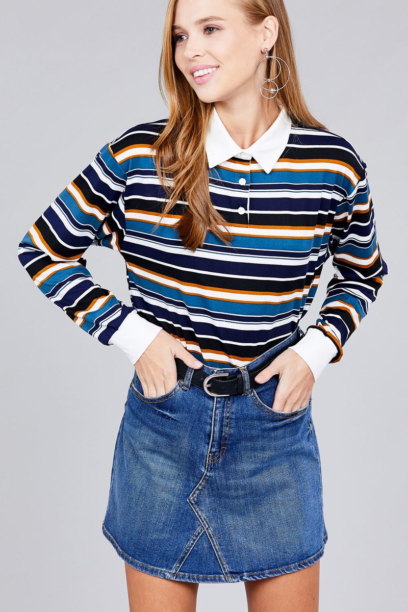 Ladies fashion plus size long sleeve multi striped dty brushed shirts