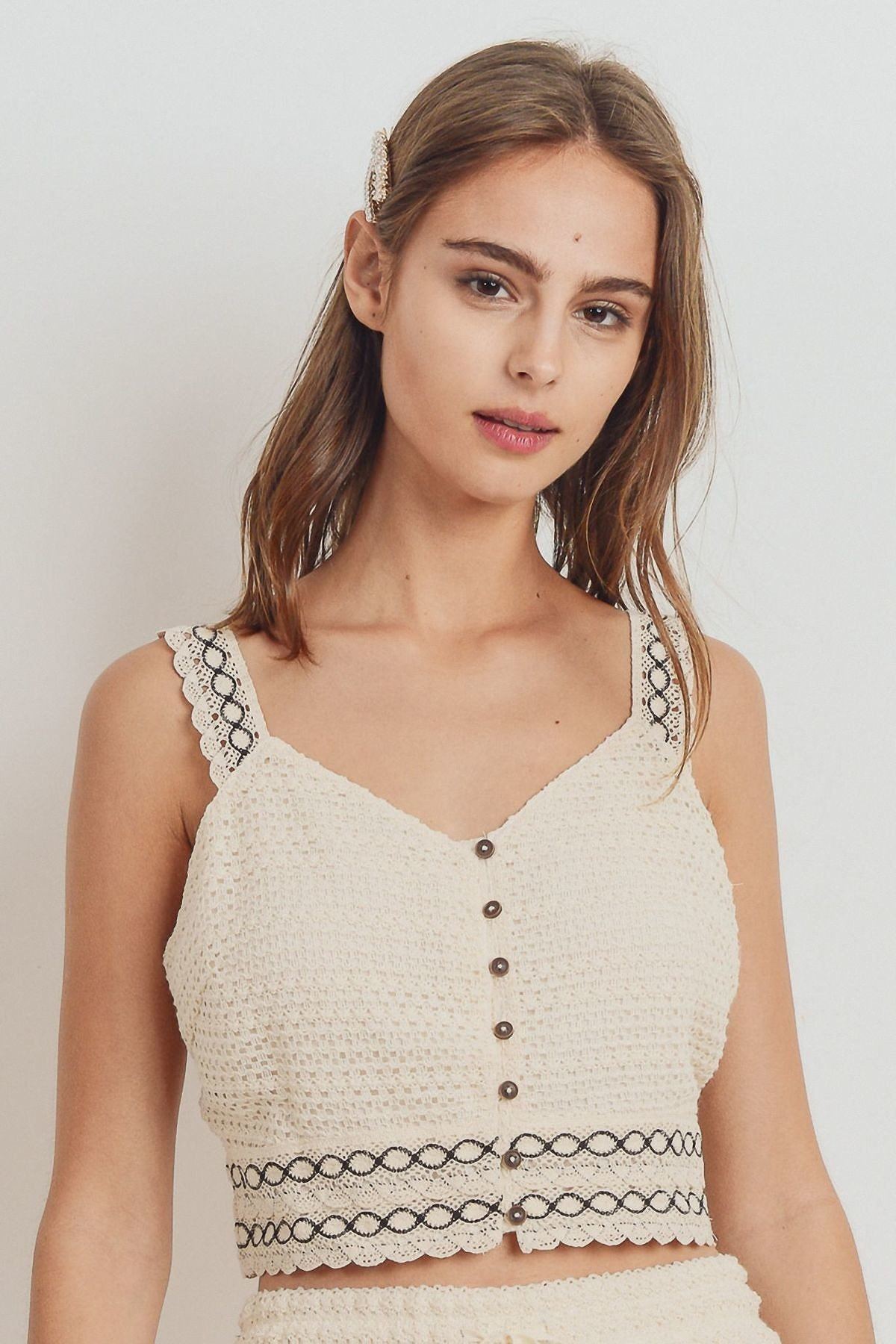 Knit Laced Buttoned Shoulder Strap Top