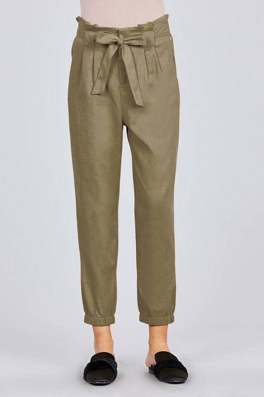 Paperbag W/bow Tie Elastic Hem Long Linen Pants