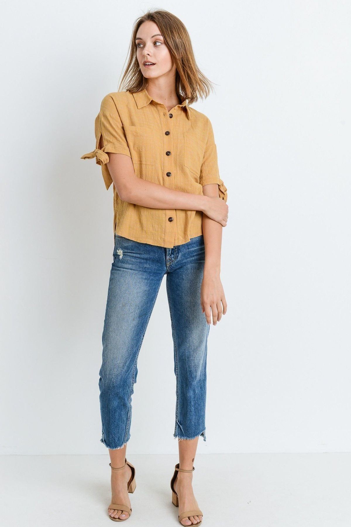 Short Sleeve Button Up Top With Tie Sleeve