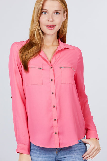 3/4 Roll Up Sleeve Pocket W/zipper Detail Woven Blouse