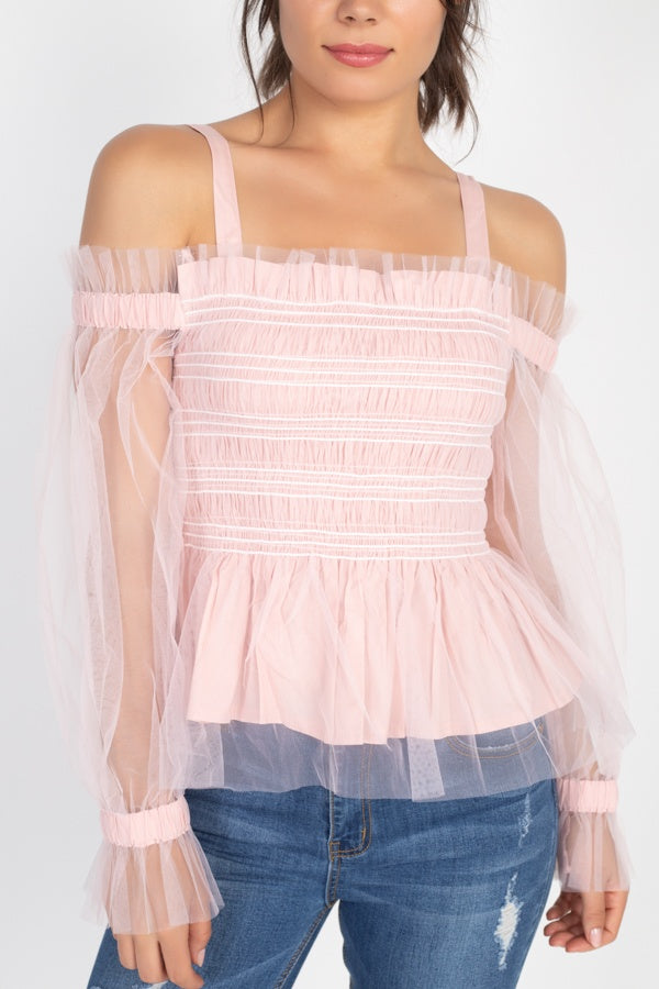 Sheer Mesh Open Shoulder Top