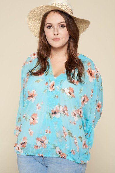 Plus Size Floral Chiffon Sheer Surplice Top