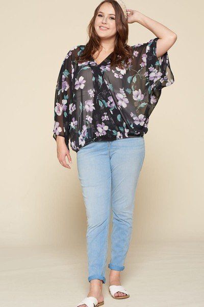 Plus Size Floral Chiffon Sheer Surplice Top