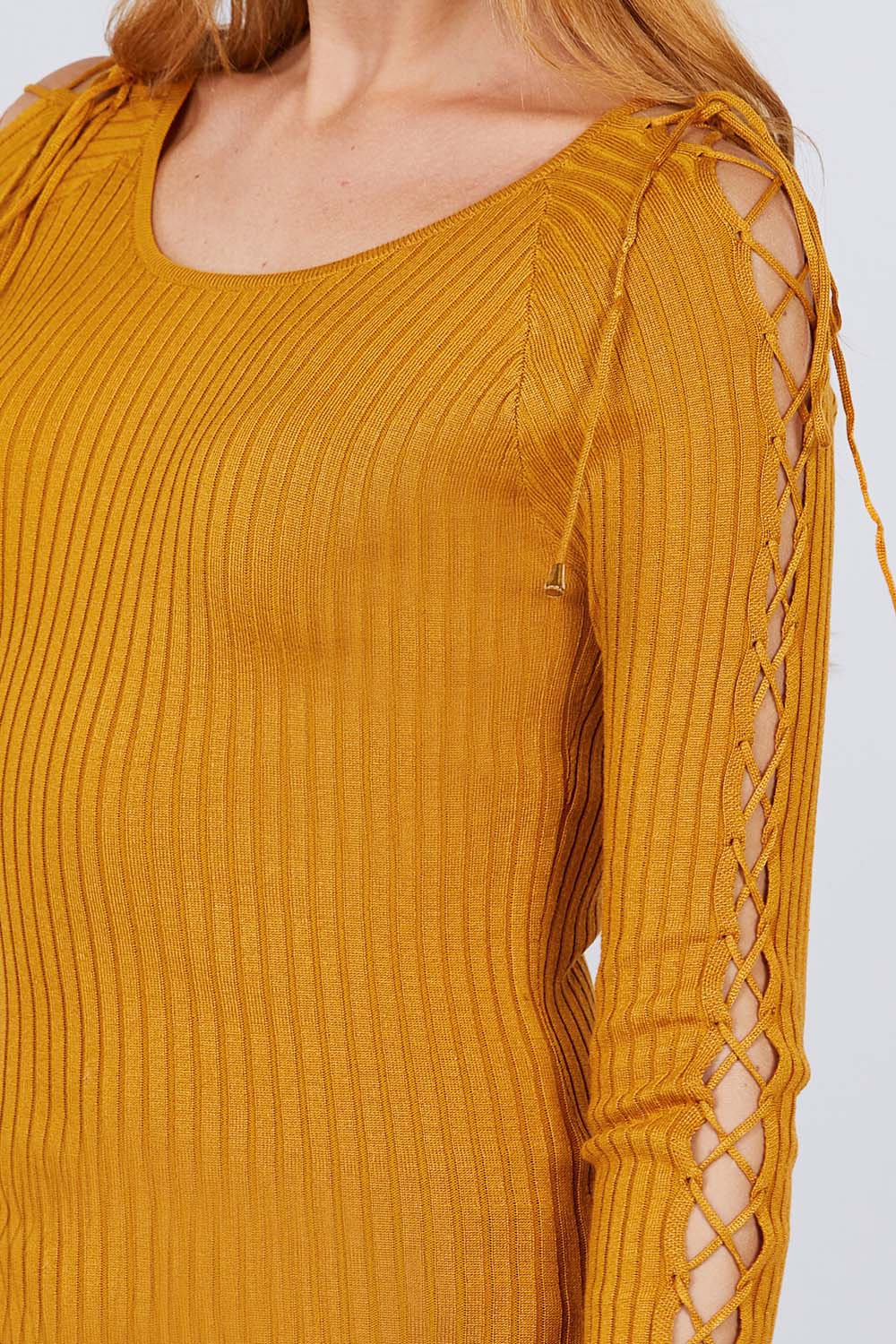 Long Sleeve W/strappy Detail Round Neck Rib Sweater Top