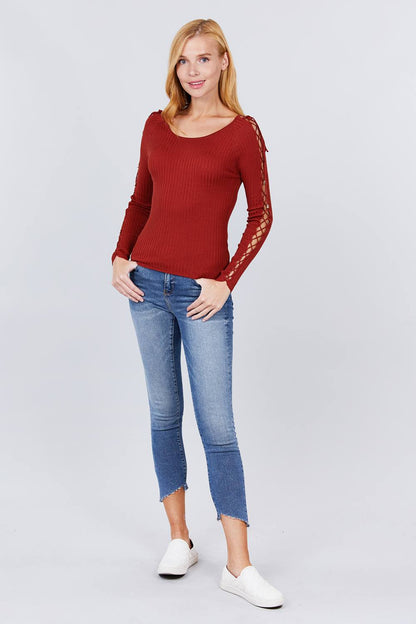 Long Sleeve W/strappy Detail Round Neck Rib Sweater Top