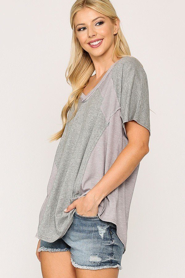 Rib Knit Mixed Dolman Sleeve Top With Round Hem