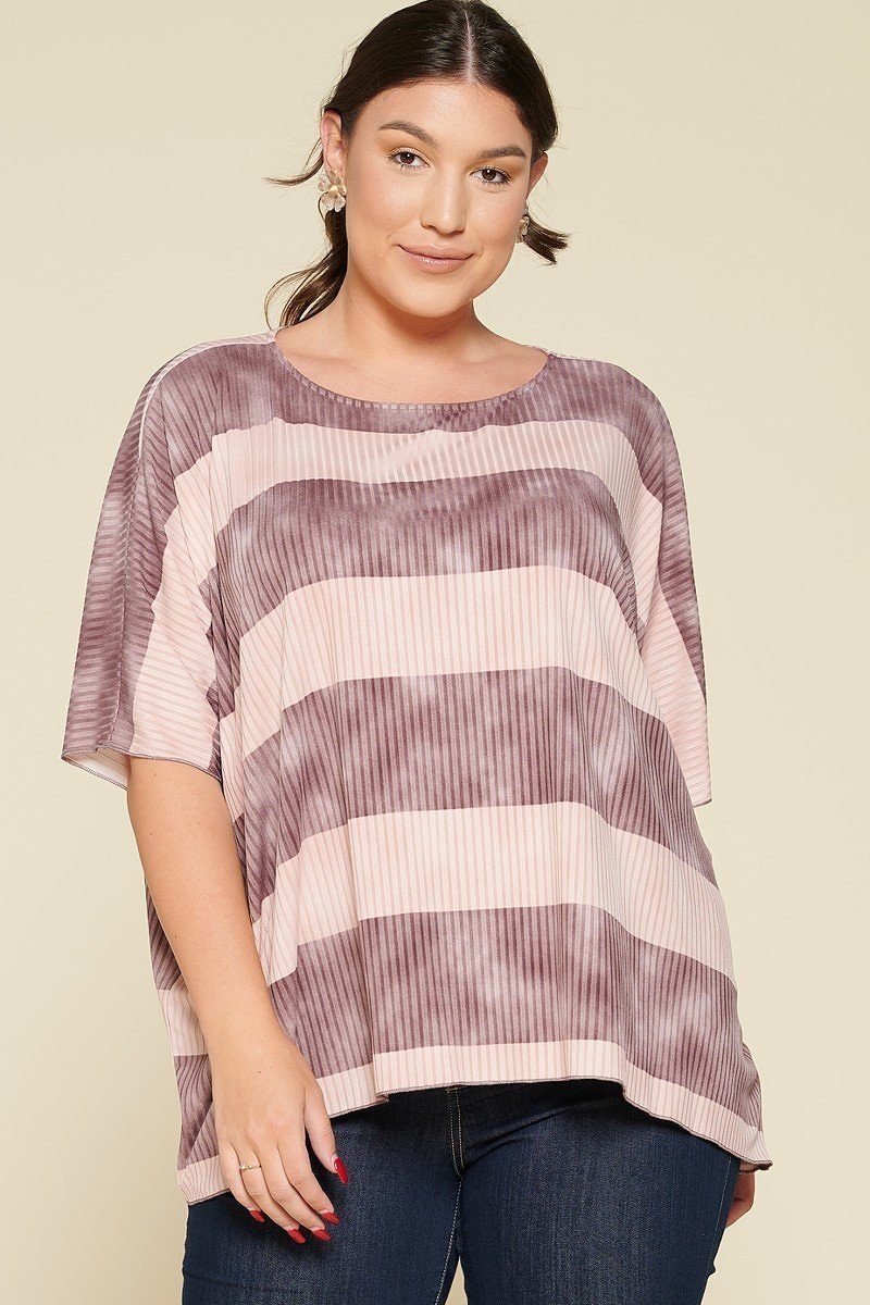 Stripe Printed Pleated Blouse with Boat Neckline And 1/2 Sleeves