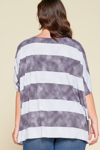 Stripe Printed Pleated Blouse Featuring A Boat Neckline And 1/2 Sleeves