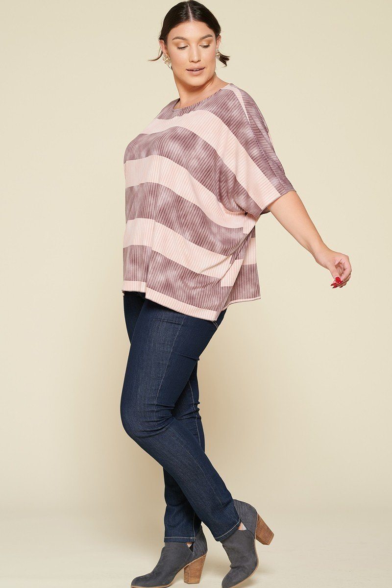 Stripe Printed Pleated Blouse with Boat Neckline And 1/2 Sleeves