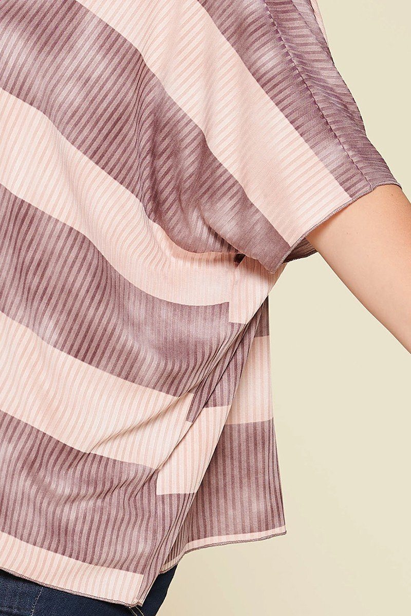 Stripe Printed Pleated Blouse with Boat Neckline And 1/2 Sleeves