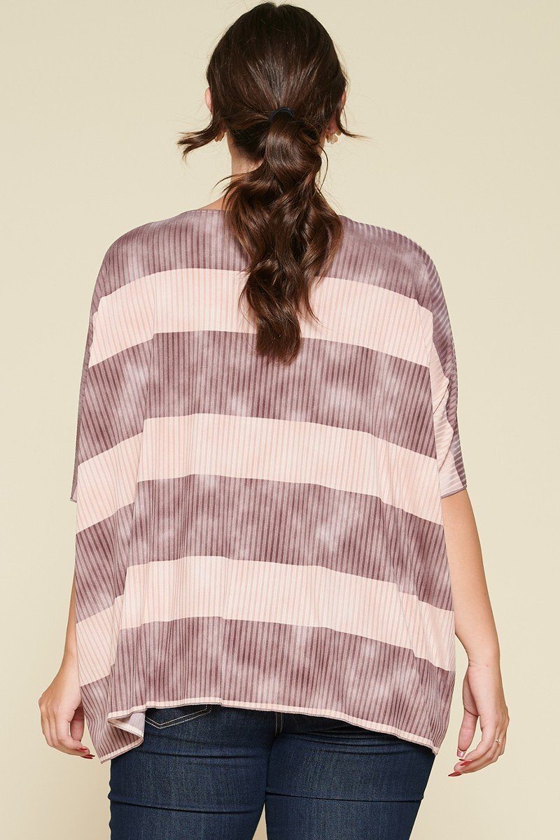 Stripe Printed Pleated Blouse with Boat Neckline And 1/2 Sleeves