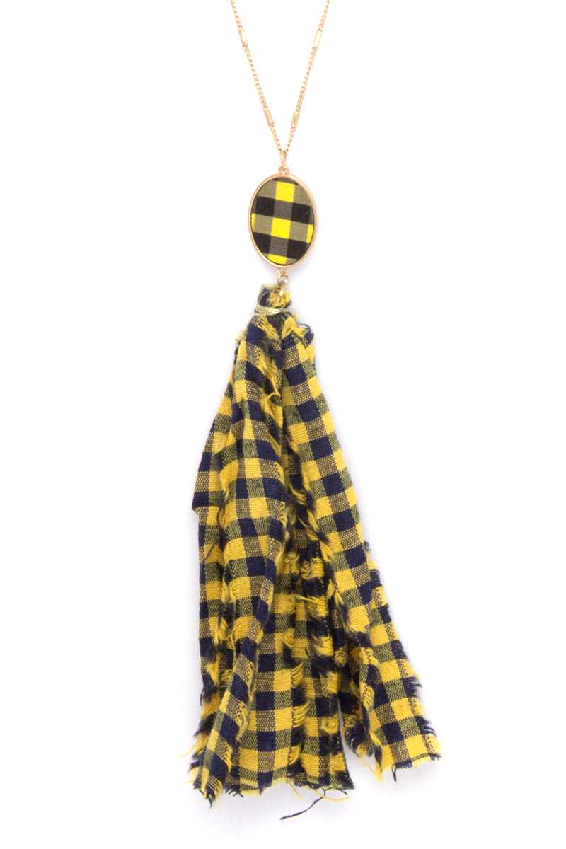 Checkered Pattern Fabric Tassel Necklace