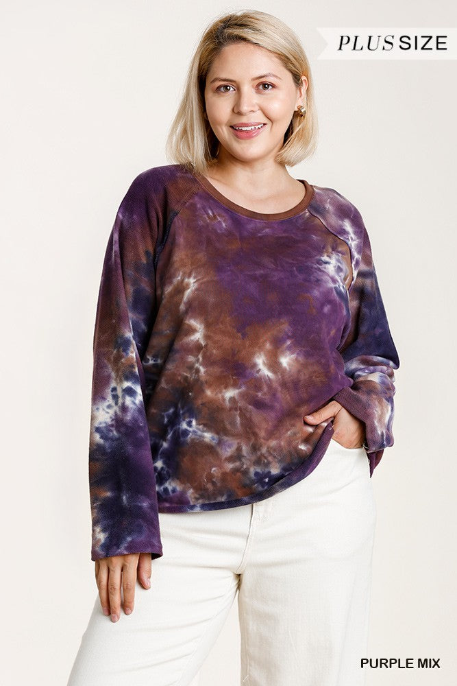 French Terry Tie-dye Raglan Long Sleeve Top With Raw Hem