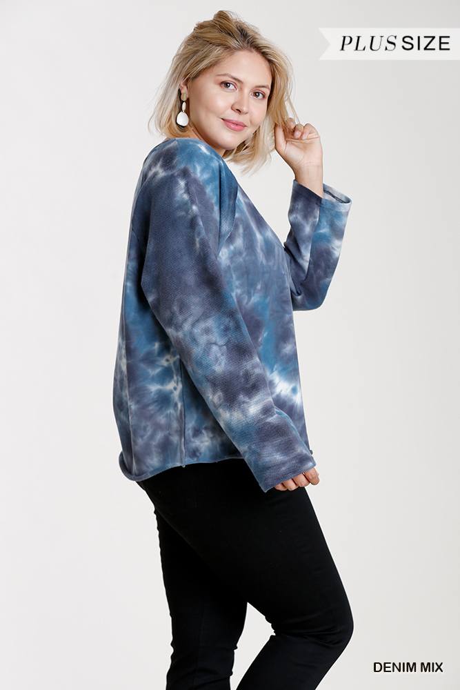 French Terry Tie-dye Raglan Long Sleeve Top With Raw Hem