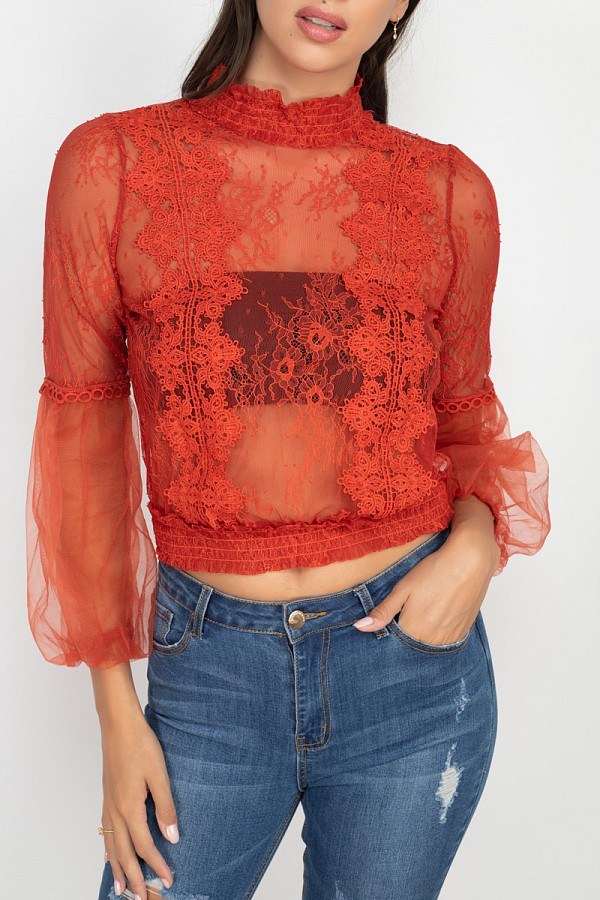 Lace Trim Balloon Sleeve Smocked Top