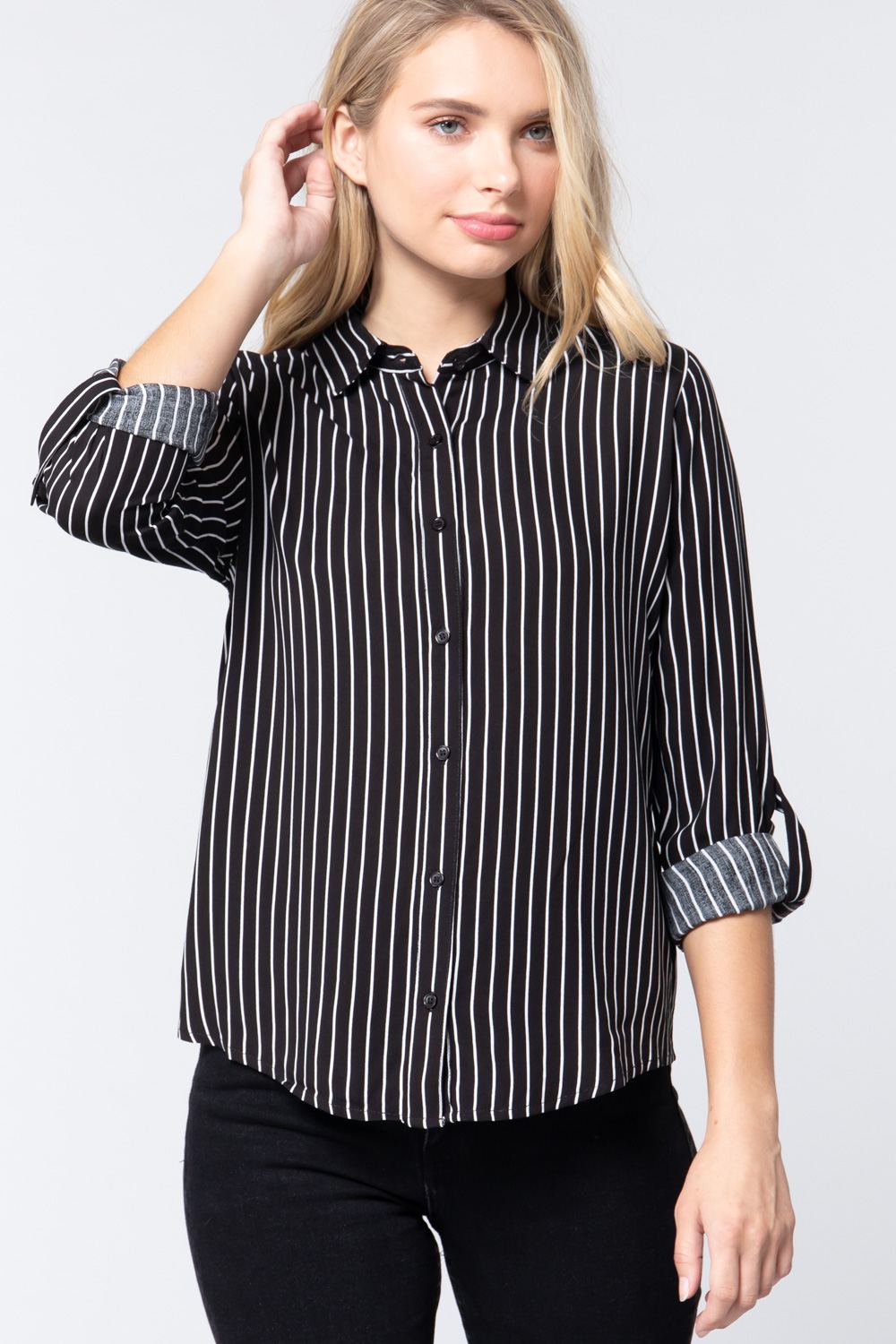 3/4 Roll Up Slv Stripe Print Shirt