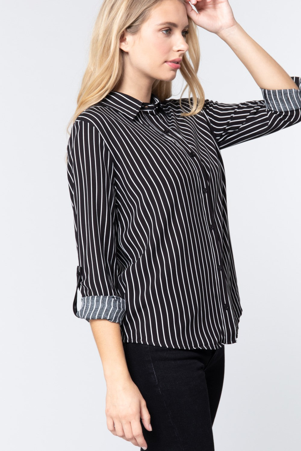 3/4 Roll Up Slv Stripe Print Shirt