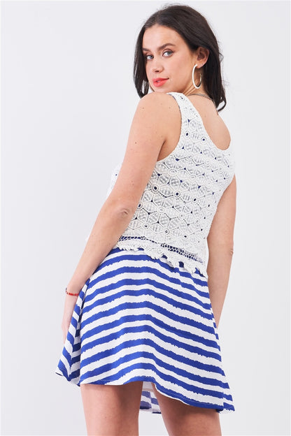 White & Navy Horizontal Striped Round Neck Sleeveless Floral Embroidery Layered Top Mini Dress