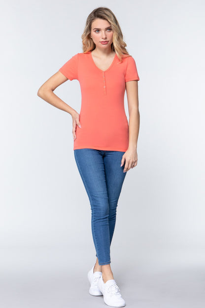 Short Slv V-neck Henley Knit Top