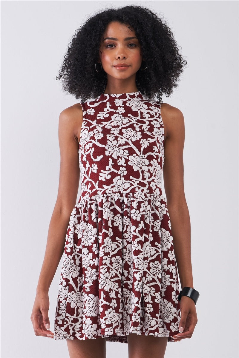 Burgundy & White Floral Crew Neck Sleeveless Fitted Mini Dress