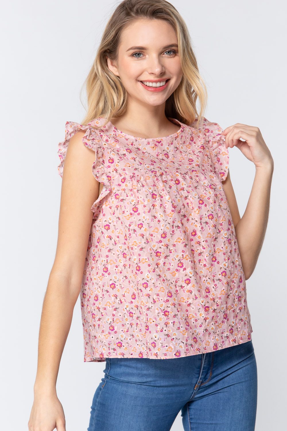 Ruffle Sleeveless Print Woven Top