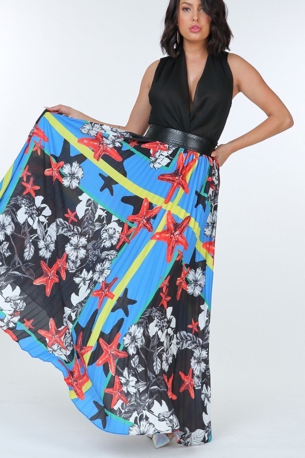 Pleated Print Maxi Skirt With Leather Waist Band