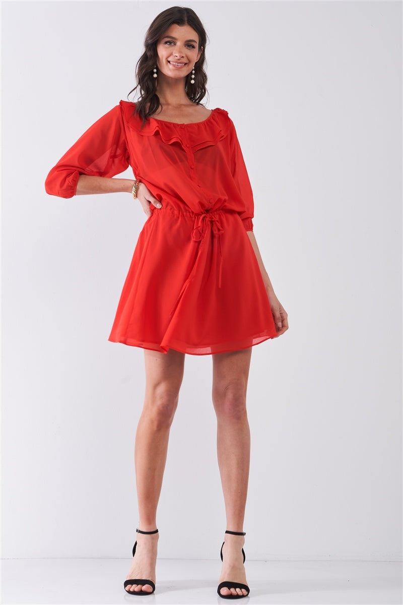 Flame Red Boat Neck Ruffle Collar Midi Sleeve Self-tie Waist Front Button Down Mini Dress