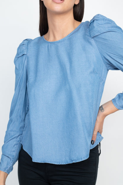 Shirring Puff Sleeves Denim Top