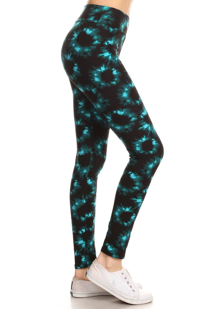 Yoga Style Banded Lined Tie Dye Printed Knit Legging With High Waist