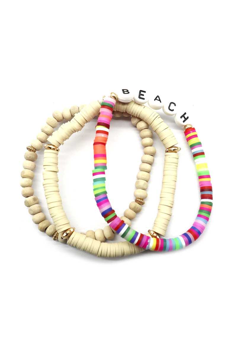 Fashion Wood Rubber Disc Bead Beach Letter Stretch Multi Bracelet