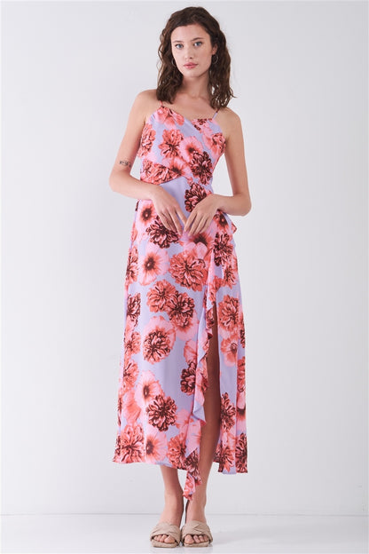 Floral Print Sleeveless Self-tie Wide Wrap Front Ruffle Hem Side Slit Detail Midi Dress