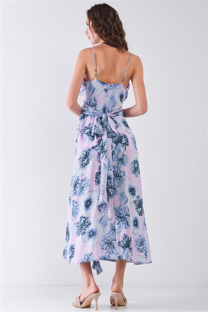 Floral Print Sleeveless Self-tie Wide Wrap Front Ruffle Hem Side Slit Detail Midi Dress