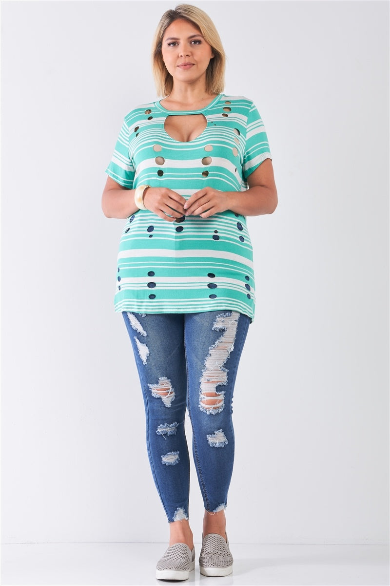 Plus Striped And Distressed Cut-out Top