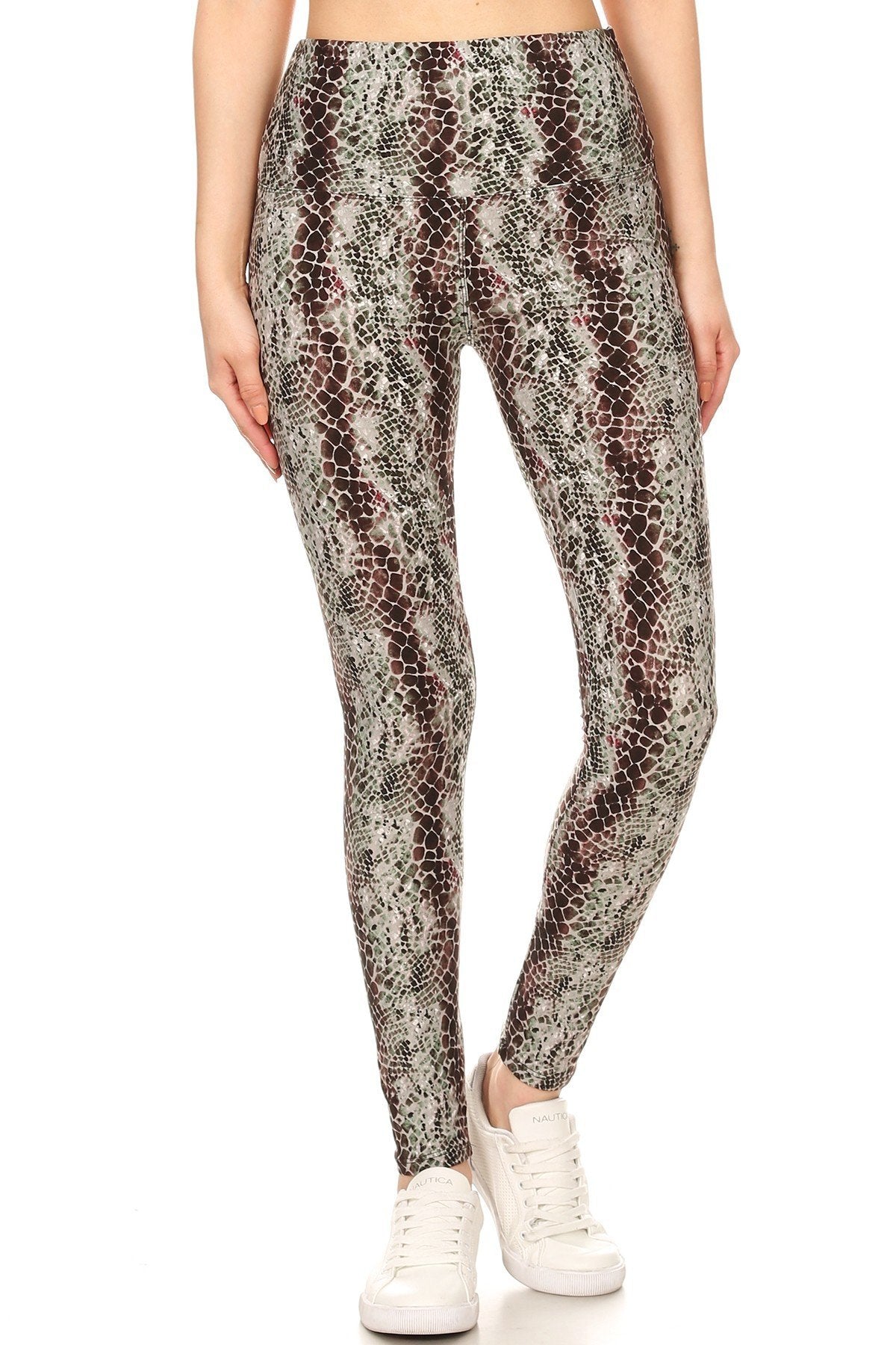 Yoga Style Banded Lined Snakeskin Printed Knit Legging With High Waist.