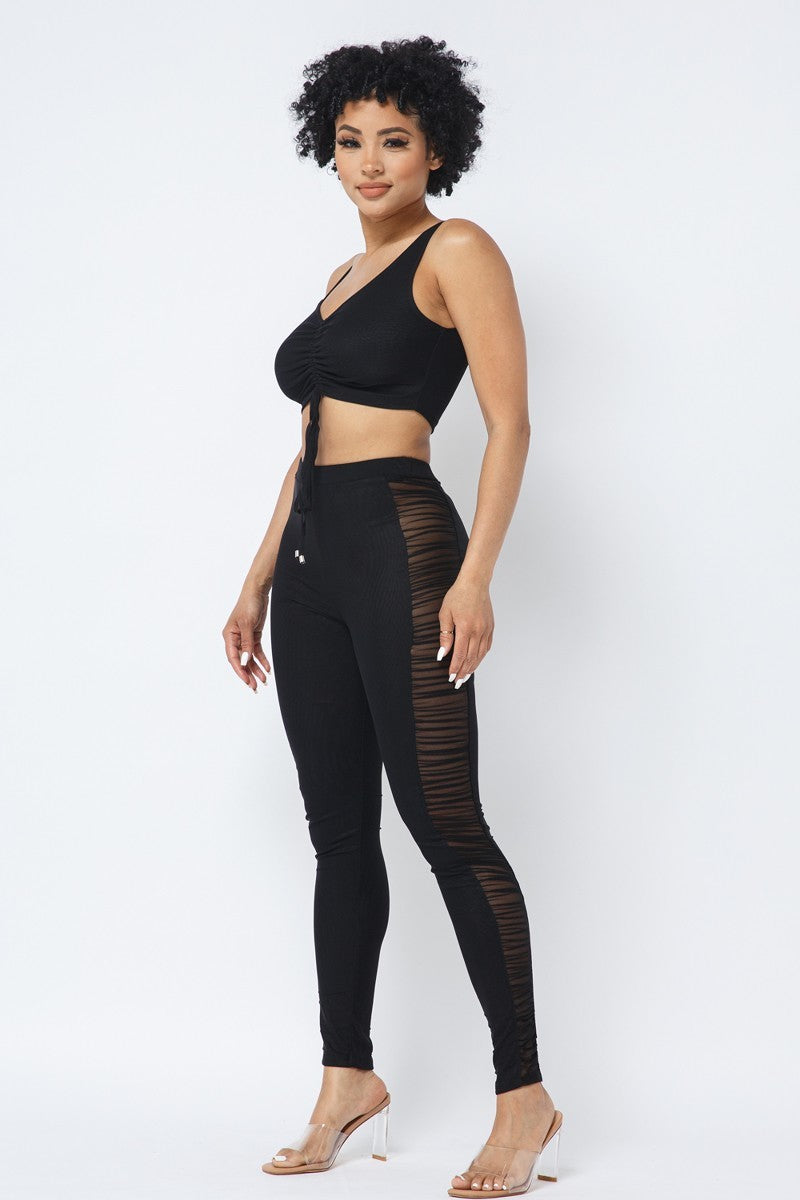 Mesh Strappy Adjustable Ruched Crop Top With Matching See Through Side Panel Leggings