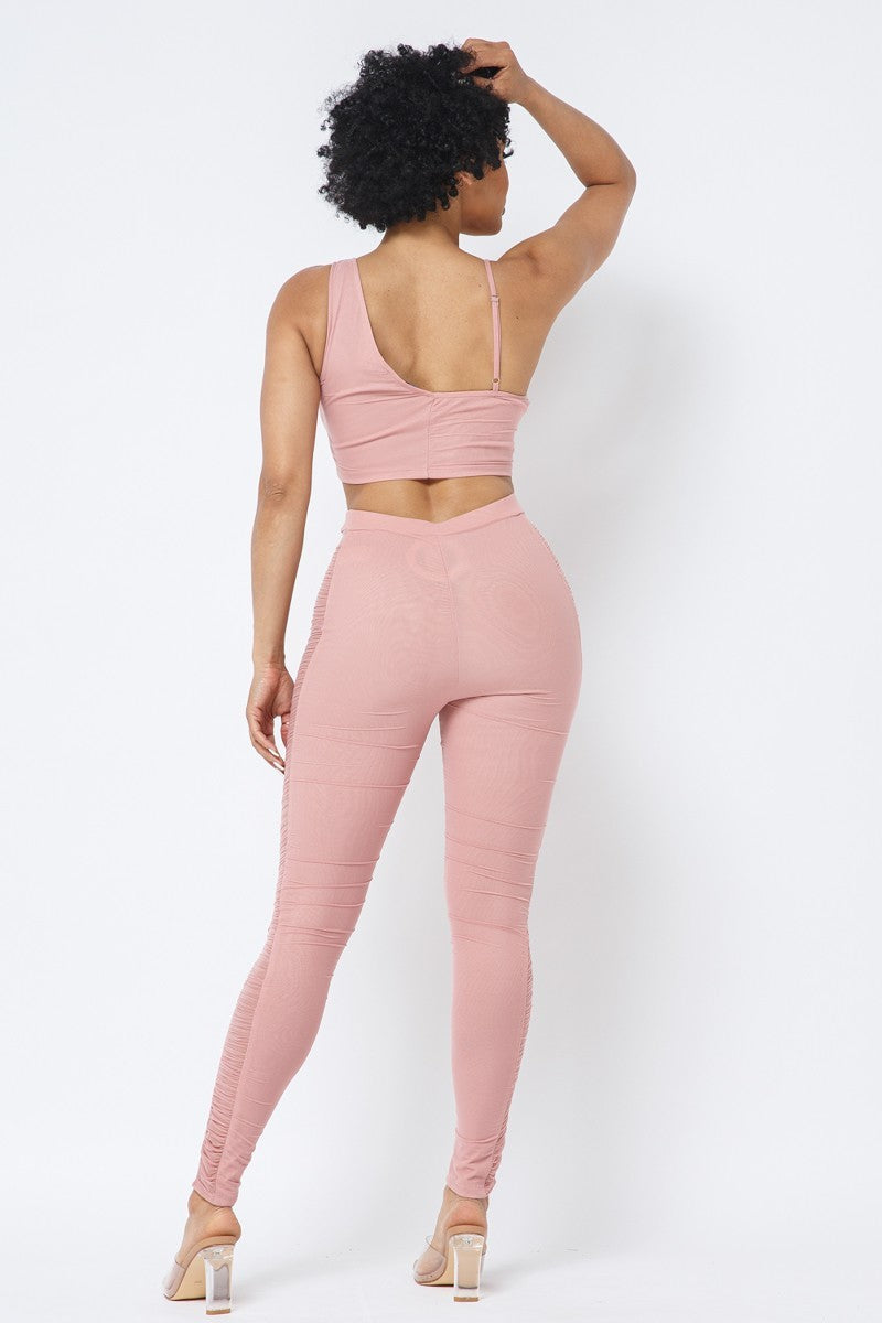 Mesh Strappy Adjustable Ruched Crop Top With Matching See Through Side Panel Leggings