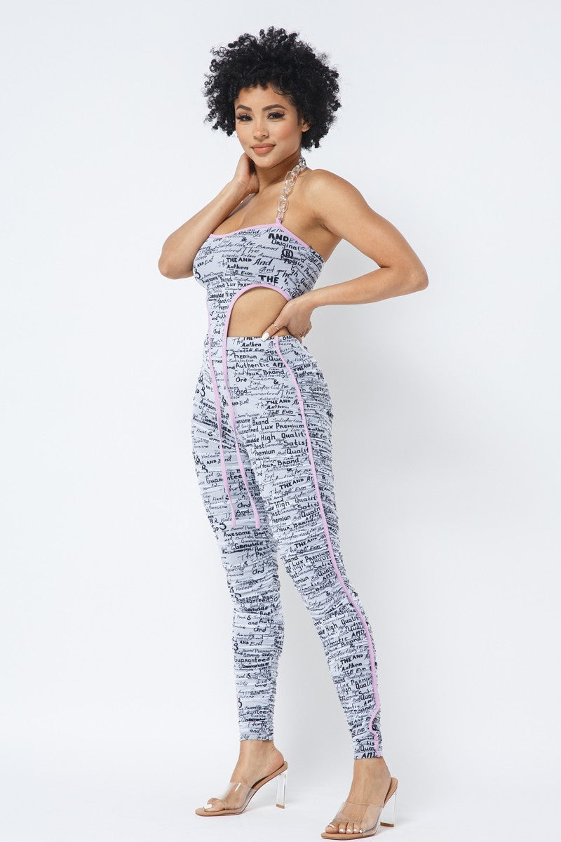 Mesh Print Crop Top With Plastic Chain Halter Neck With Matching Leggings