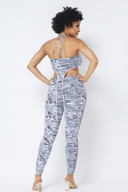 Mesh Print Crop Top With Plastic Chain Halter Neck With Matching Leggings