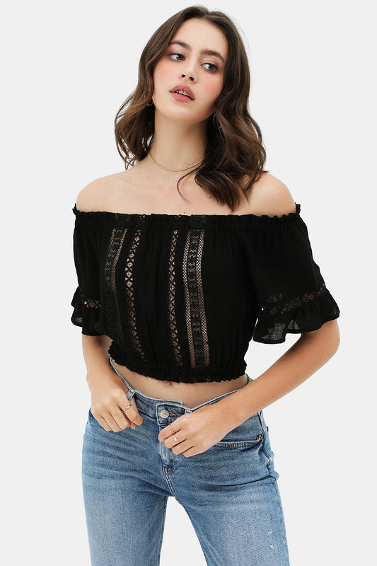 Lace Trim On The Front And Sleeves, Waist Band Cropped Top