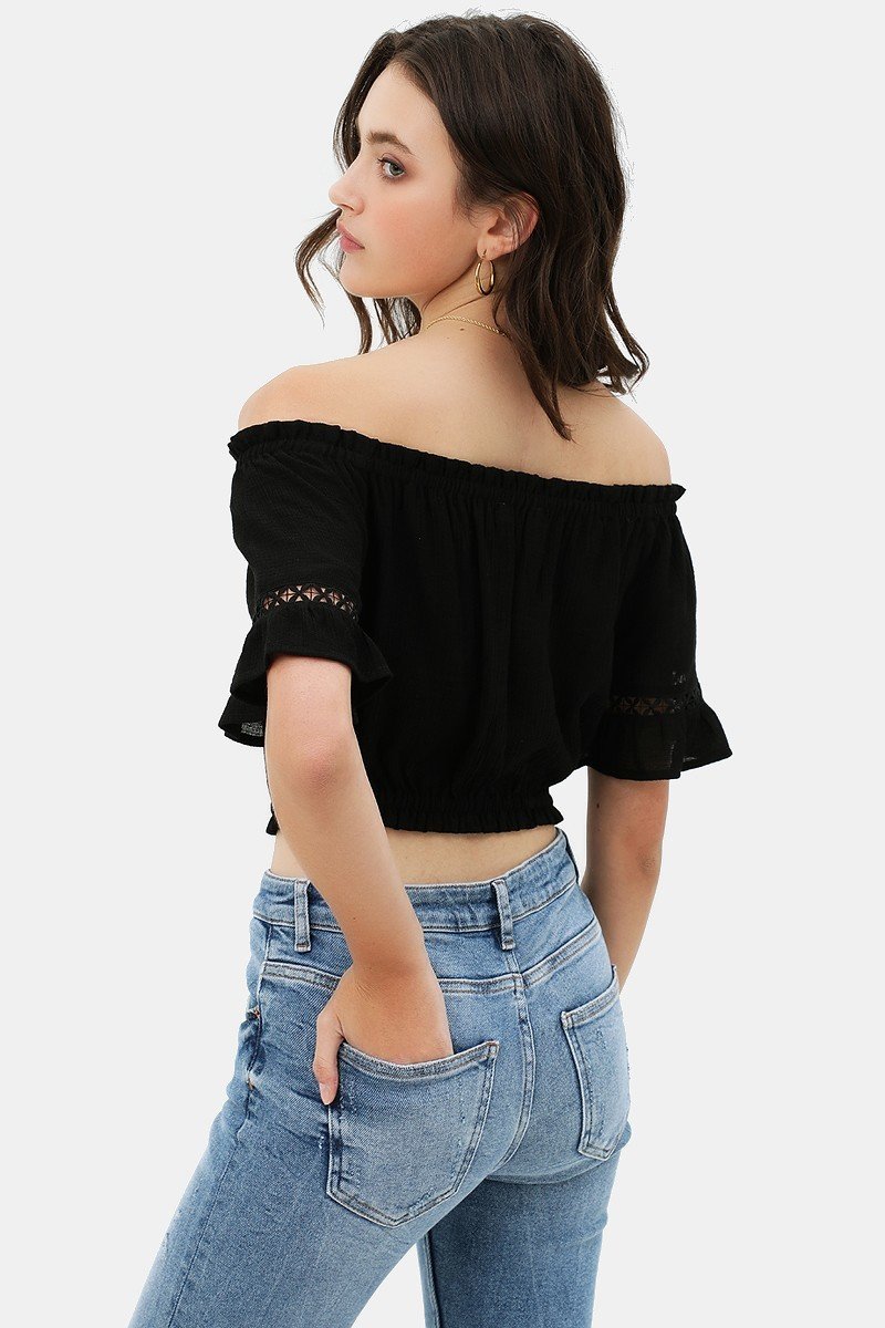 Lace Trim On The Front And Sleeves, Waist Band Cropped Top