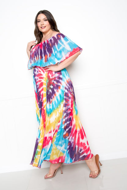 Tie Dye Off Shoulder Pleated Maxi Dress