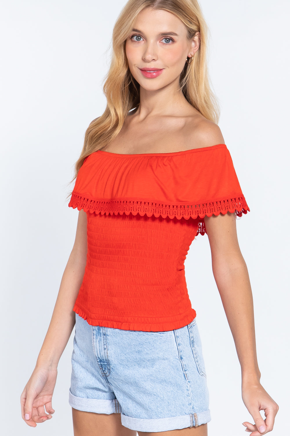 Off Shoulder W/lace Smocked Top