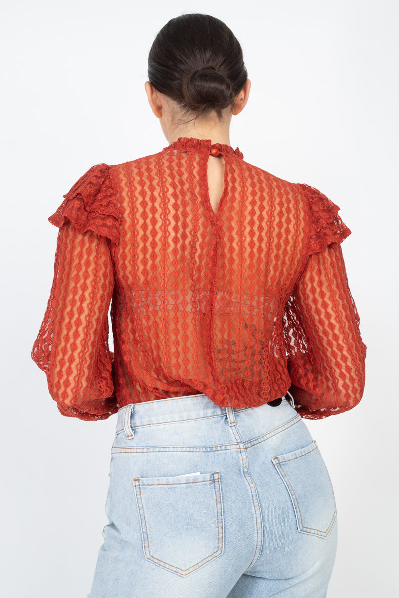 Sheer Crochet Lace Ruffled Top