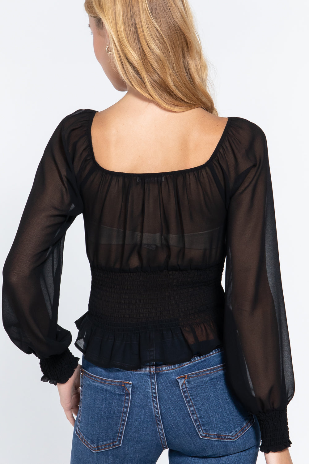 Long Slv Smocked Chiffon Top