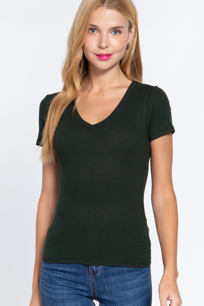 Short Sleeve V-neck Rib Top