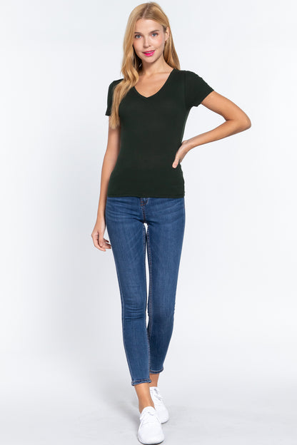 Short Sleeve V-neck Rib Top