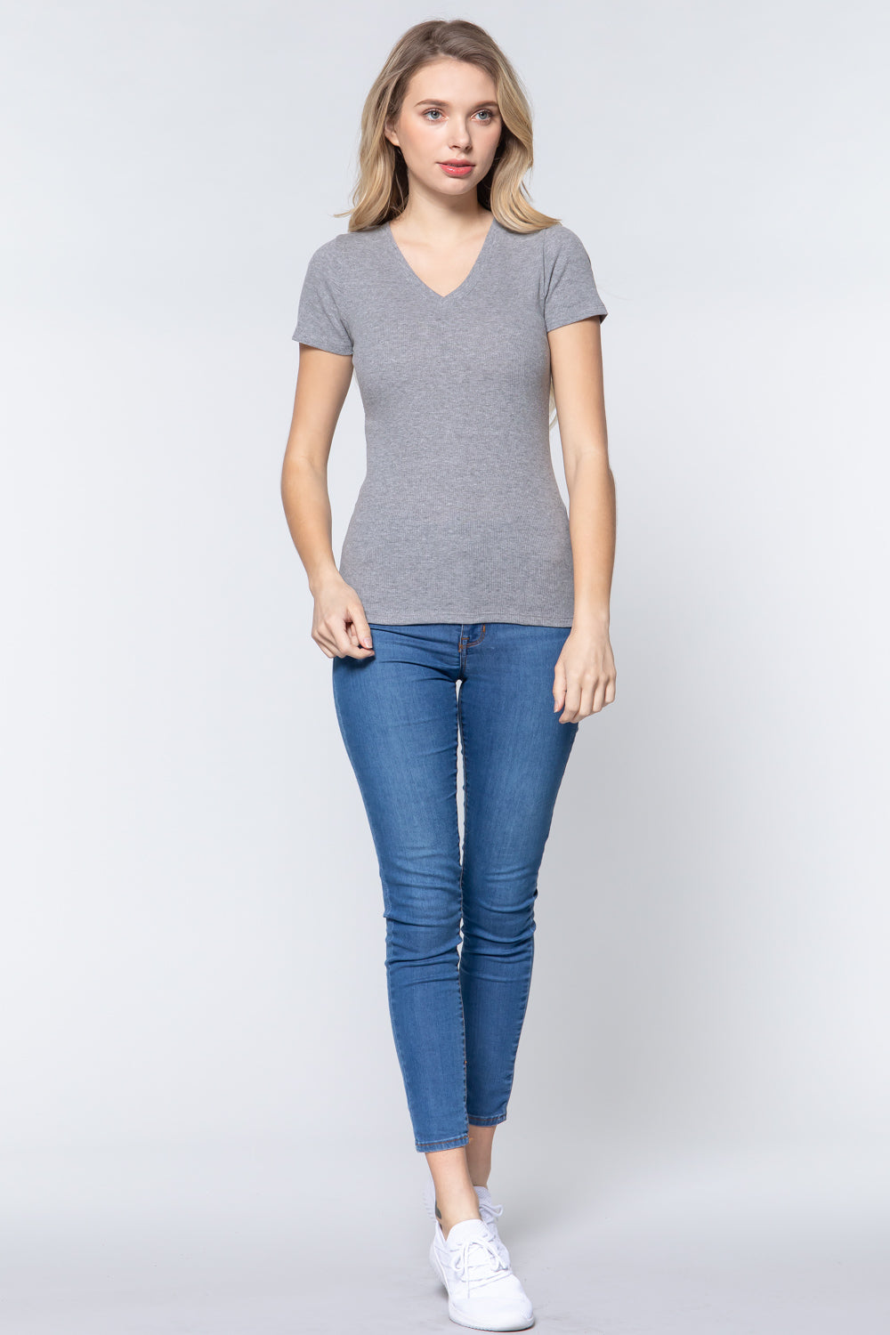 Short Sleeve V-neck Rib Top